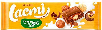 Шоколад Roshen Lacmi молочный с целыми лесными орехами и шоколадно-карамельной начинкой 295 г