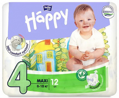 Підгузки HAPPY BELLA BABY CLASSIC maxi вага 8-18 кг. 12 шт