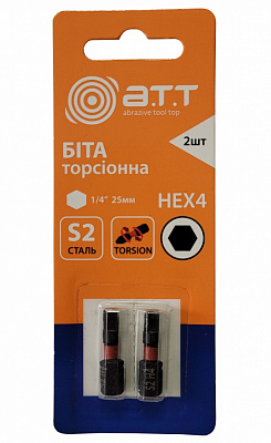 Бита торсионная A.T.T. HEX4 25 мм 1/4 сталь S2 2 шт.