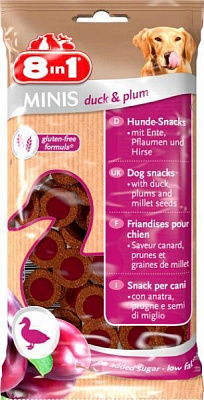 Снеки 8in1 MINIS жевательный для собак Утка и сливы 100 г