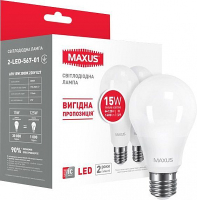 Лампа світлодіодна Maxus 2 шт./уп. 15 Вт A70 матова E27 220 В 3000 К 2-LED-567-01
