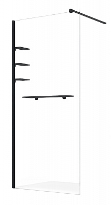 Стінка душова EGO Walk-in LEX BLACK 100х2000, скло прозоре 8мм, профіль чорний алюм + полички