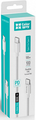 Кабель ColorWay Type-C - Type-C (TPE) (PD Fast Charging 100W) 5.0А 1 м белый (CW-CBPDCC058-WT) 