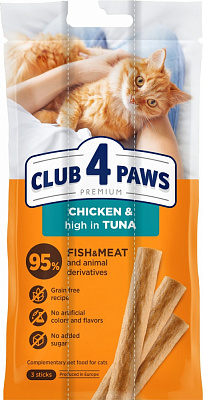 Ласощі Club 4 Paws для котів м’ясна паличка, курка та тунець