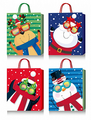 Пакет подарочный новогодний с широким дном 37x31x26 см премиум класса Happycom International