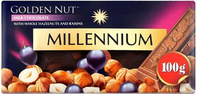 Шоколад Millennium Gold молочный с цельным орехом и изюмом 100 г