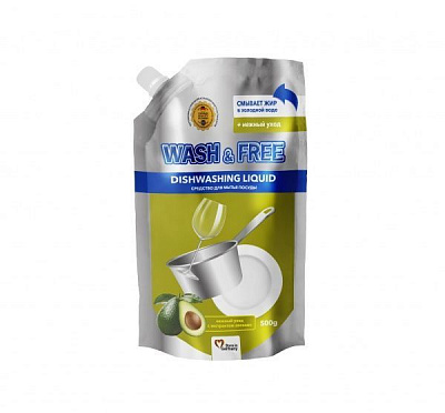 Средство для ручного мытья посуды WASH & FREE Нежный уход с экстрактом авокадо (Doypack) 0,5л