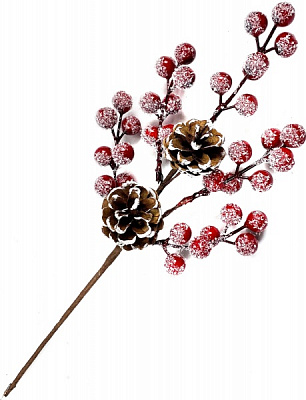 Декорація новорічна Dalian Everglory гілка з ягодами та шишками 34 см EY20-036D8