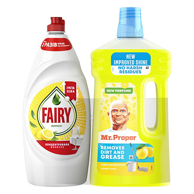 Средство для мытья посуды Fairy Лимон 900 мл + Универсальное средство для мытья полов и стен MR PROPER Лимон 1л