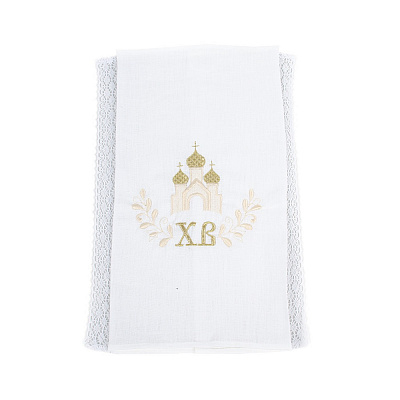 Рушник великодній з мереживом Церква 40x75 см білий із золотим