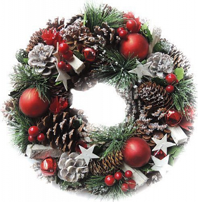 Вінок новорічний з шишками, кульками та зірками 7005180226 d330 мм