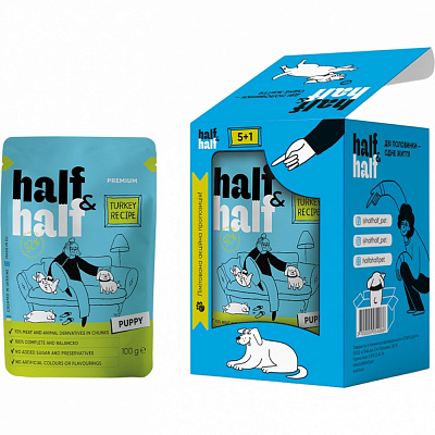 Корм вологий Half&Half шматочки з індичкою в соусі 5+1 600 г