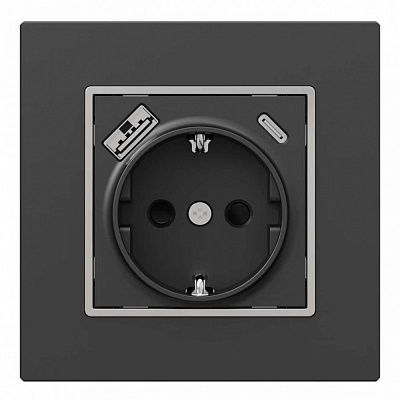 Механізм розетки побутова + USB + Type C із заземленням HausMark Alta IP20 чорний
