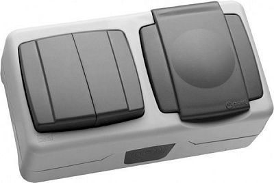 Розетка + вимикач із заземленням Makel Nemliyer Plus без шторок з кришкою сірий 36064203