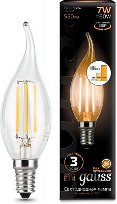 Лампа светодиодная Gauss FIL Step Dim CA37 7 Вт E14 2700 К 220 В прозрачная 104801107-S 
