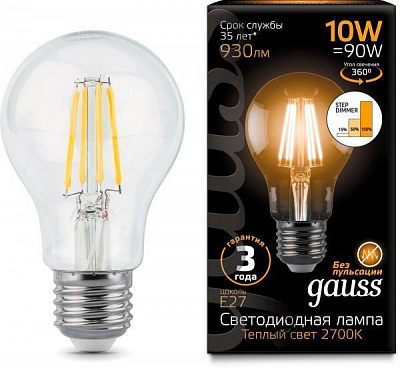 Лампа світлодіодна Gauss FIL Step Dim A60 10 Вт E27 2700 К 220 В прозора 102802110-S