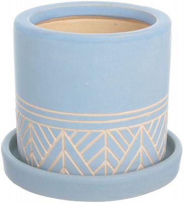 Горщик Viet Thanh Ceramic з блюдцем циліндр з різьбою 13х12 см VT.11370-3 круглий ніжно-блакитний