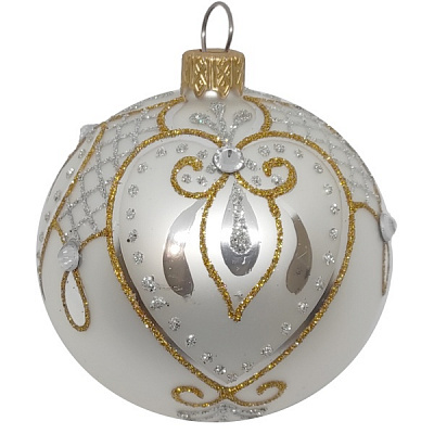Шар новогодний стеклянный d80 бело-золотой 9749 