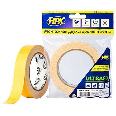 Двостороння клейка стрічка HPX Ultrafix для моментальної фіксації 25 мм x 5 м DSU2505