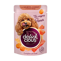Корм влажный DELICKCIOUS «Полоски с лососем и морковью в крем-супе»