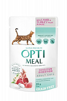 Корм Optimeal Беззерновой для взрослых кошек с чувствительным пищеварением с ягненком та филе индейки в соусе