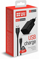 Зарядний пристрій ColorWay 1USB AUTO ID 2A (10W) чорний + cable Lightning (CW-CHS012CL-BK) 