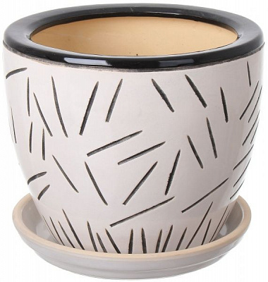 Горшок Viet Thanh Ceramic с блюдцем соломка 22х18 см VT.10310-2 круглый бежевый с черным 