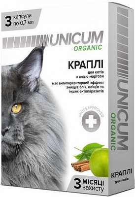 Краплі UNiCUM Organic на натуральній основі для відлякування бліх і кліщів для кішок (3 капсули)