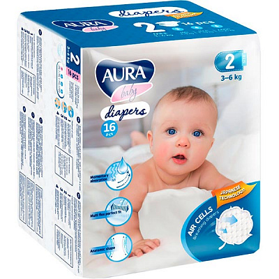 Подгузники Aura 2 3-6 кг 16 шт.