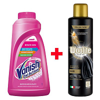 Комплект Vanish Пятновыводитель жидкий для тканей Vanish Oxi Action 1 л + Гель для стирки Woolite Premium Dark 900 мл