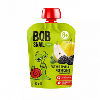 Пюре фруктове Bob Snail дитяче Яблуко Груша Чорнослив пауч 90г
