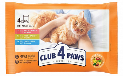 Корм вологий котів Club 4 Paws індичка в соусі, кролик у желе, ягня в соусі 4х85 г 12 кг