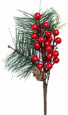 Гілочка декоративна пучечок червоних ягід з шишкою 24 см DYT24-230