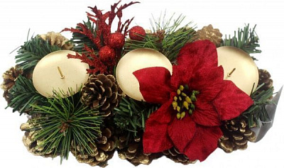 Декорація новорічна Підсвічник потрійний з декором з шишок хвої червоних пуансетій 27x15 см EPI-W01-1303/7