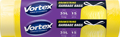 Мешки для мусора с затяжками Vortex HDРЕ 50х60 см желтые крепкие 35 л 15 шт.