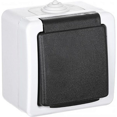 Розетка влагозащищенная с заземлением Титан со шторками с крышкой белый с черным 88622