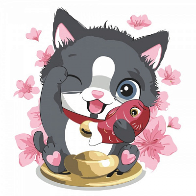 Раскраска по номерам Strateg Котик с рыбкой 30х30 см ES081