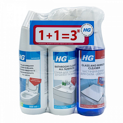 Набор HG Очиститель для душевой и ванной + Гель для очистки унитазов + Спрей для стекла и зеркал