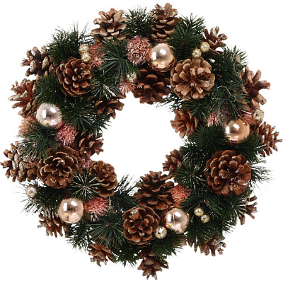 Венок хвойный с шишками цветками шарами розово-золотой d340 мм C32438