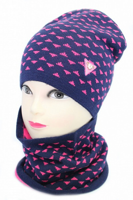 Комплект шапка + снуд для девочек Kraft+ р.52-54 темно-синий с малиновым 1509 