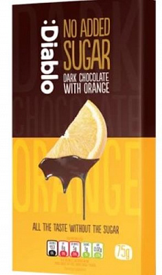 Чорний шоколад DIABLO без додавання цукру з апельсином 75 г