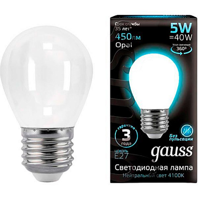 Лампа світлодіодна Gauss FIL Opal G45 5 Вт E27 4100 К 220 В матова
