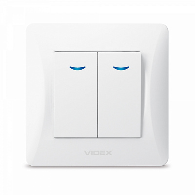 Выключатель двухклавишный Videx Binera с подсветкой белый VF-BNSW2L-W