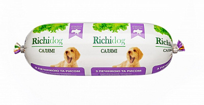 Корм вологий для молодих та дорослих собак для усіх порід Richi Dog Салямі з печінкою та рисом 350 г