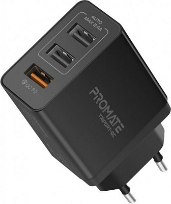 Зарядное устройство Promate TriPort-QC 30Вт USB QC3.0 + 2 USB Black 