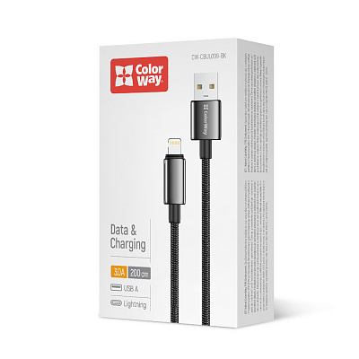 Дата-кабель ColorWay USB - Apple Lightning (zinc alloy braided) 3А 2 м black (CW-CBUL099-BK)