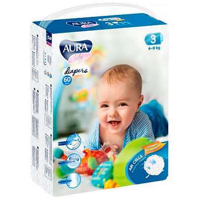 Підгузки Aura 3 4-9 кг 60 шт.