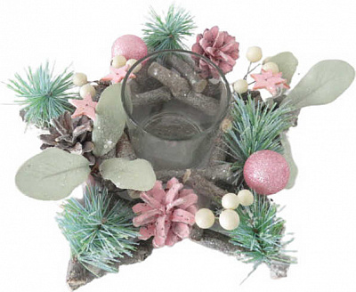 Подсвечник звезда из веточек, шариков, шишек, хвойных пучков 25х9 см New Star