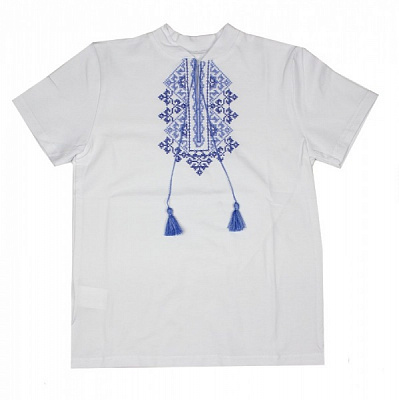 Вышиванка для мальчиков Маленькие люди синий орнамент р.140 белый 