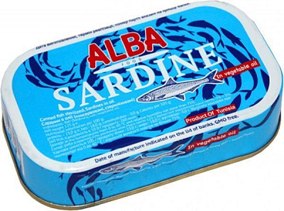 СардиныALBA FOOD средиземноморские с добавлением масла 125 г (6194002621029)